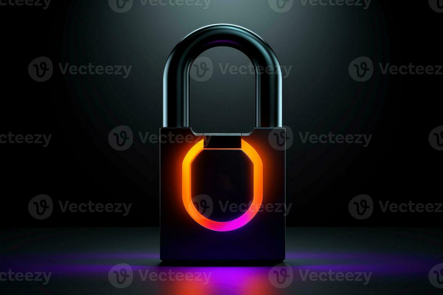 AI generated Abstract colorful neon padlock on black background, Generative AI photo