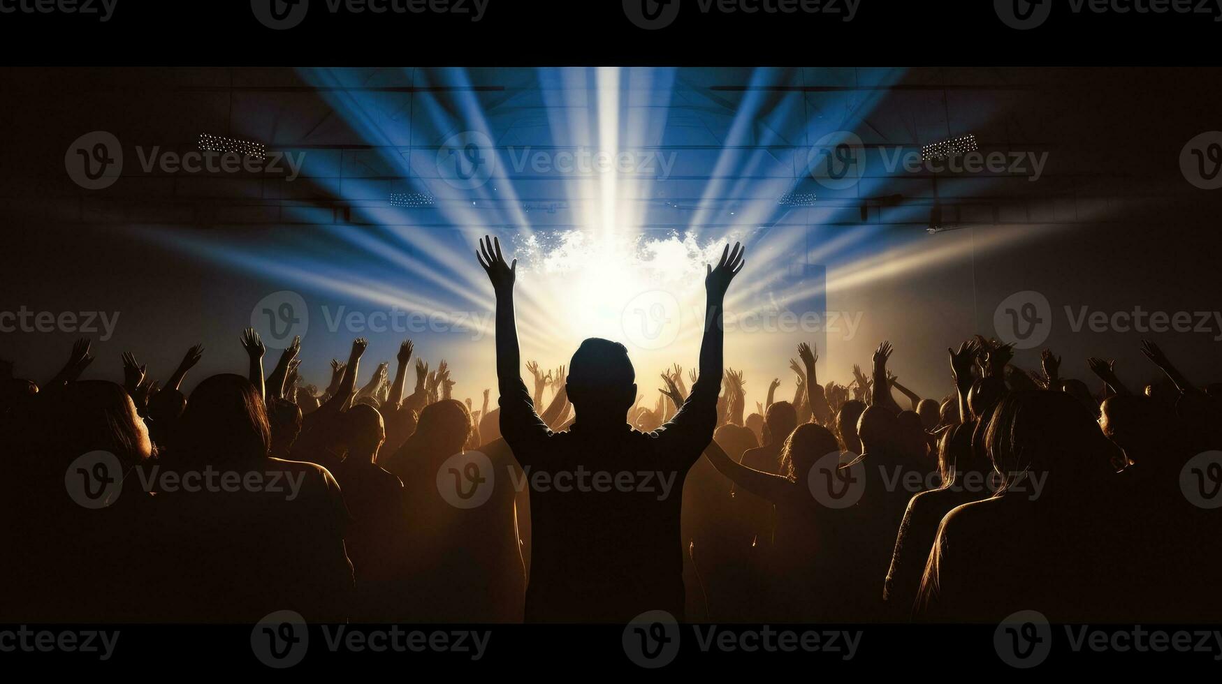 ilustración de Adoración Servicio en un habitación con brillante ligero viniendo desde el frente escenario. personas aumento mano sensación presencia de dios. ai generado foto