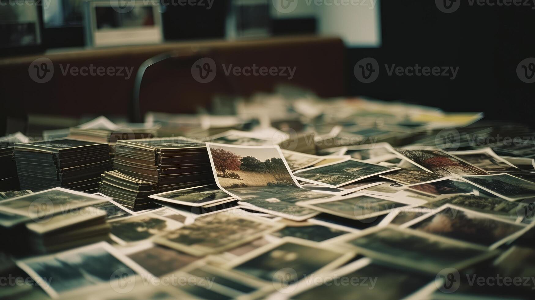 A table full of photography collection print. Documentation department. AI Generated photo