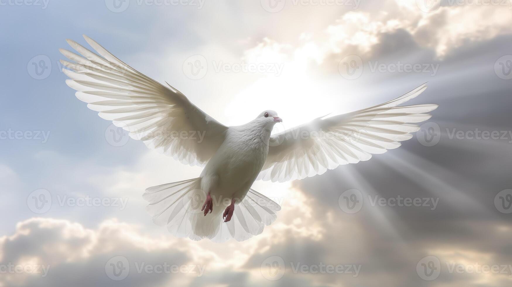 White doves and bright lights in the sky as a peace and spiritual symbol of Christian people. Holy spirit symbol. AI Generated photo