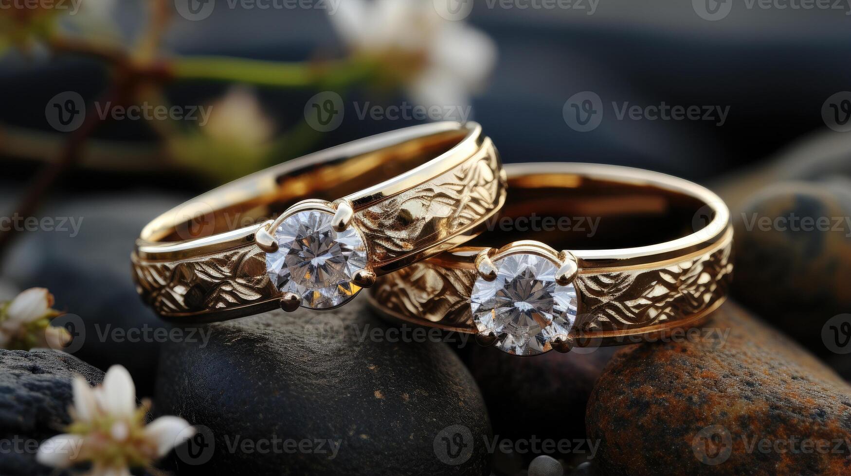 Beautiful couple wedding rings presentation symbolize the everlasting bond of love and commitment. Jewelry gold diamond ring for wedding anniversary, valentine, or engagement. AI Generated photo