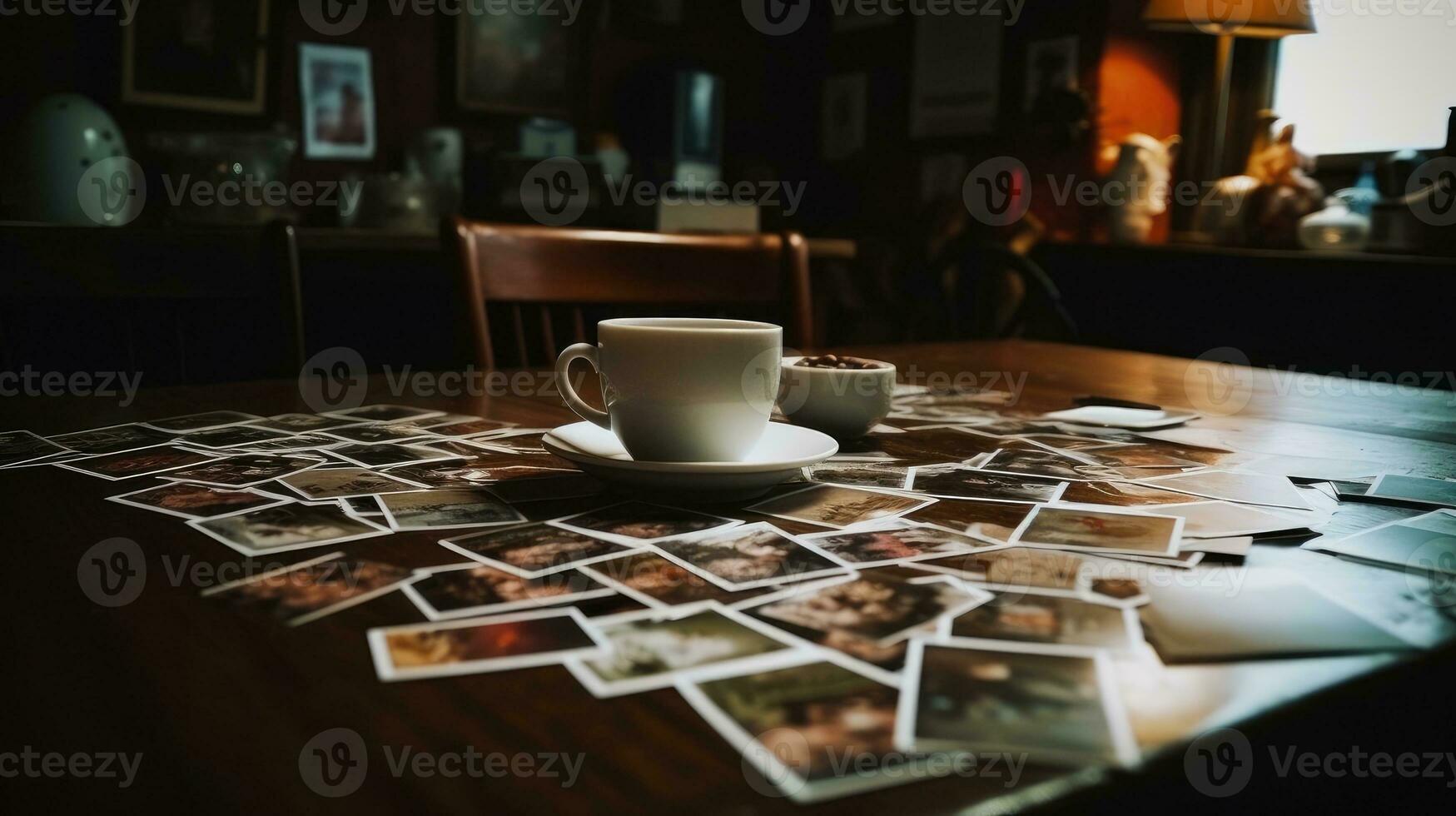 A cup of tea on the table full of colorful photo collection remind unforgettable memory. AI Generated