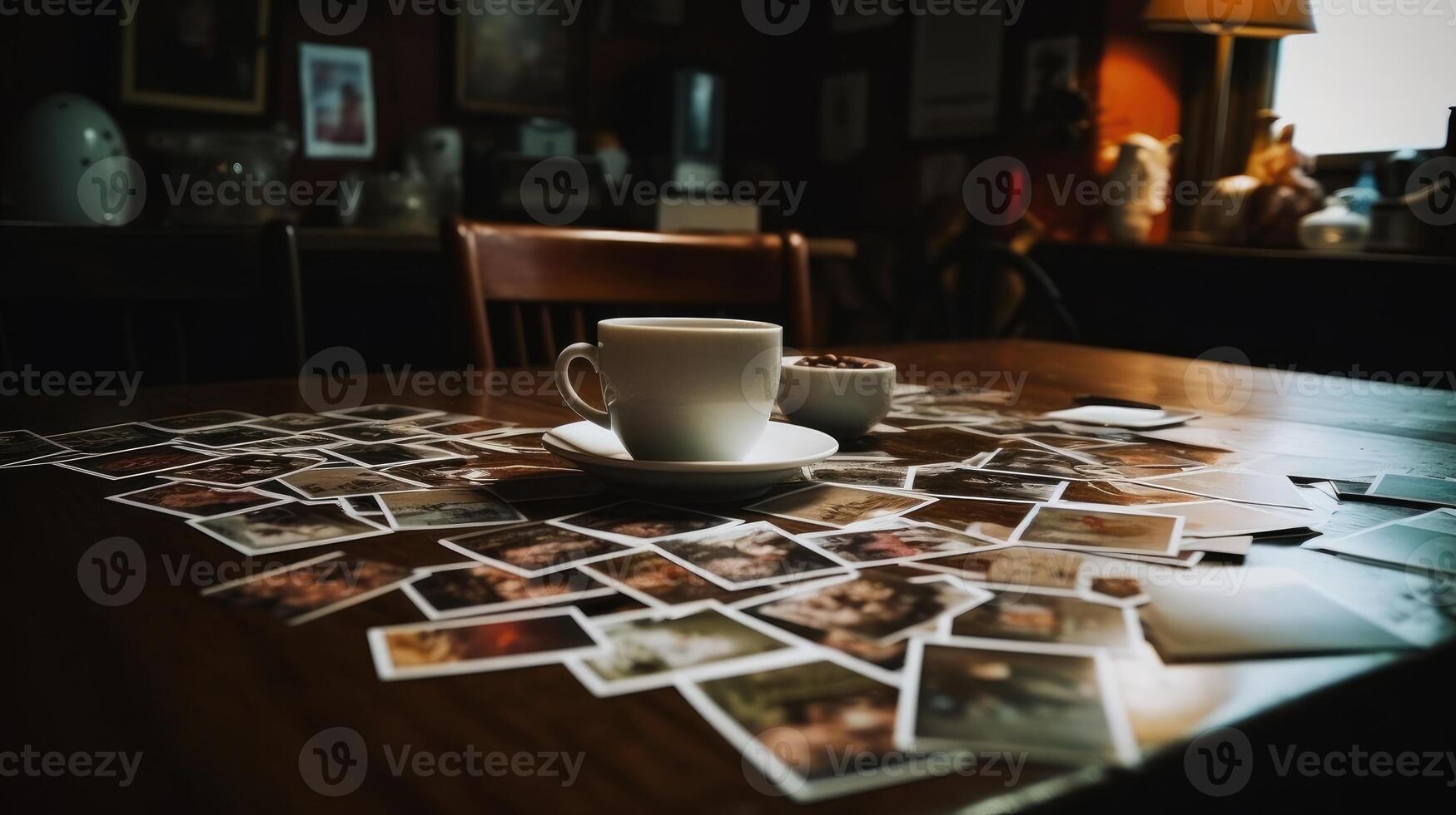 A cup of tea on the table full of colorful photo collection remind unforgettable memory. AI Generated