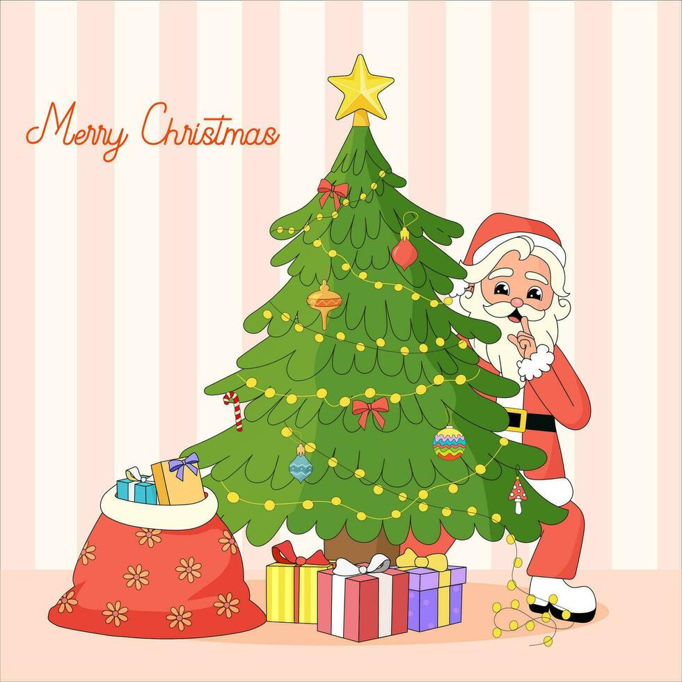 Secret Santa with decorated fir tree. Santa Claus hiding behind a Christmas tree. Retro Christmas card cartoon style. vector