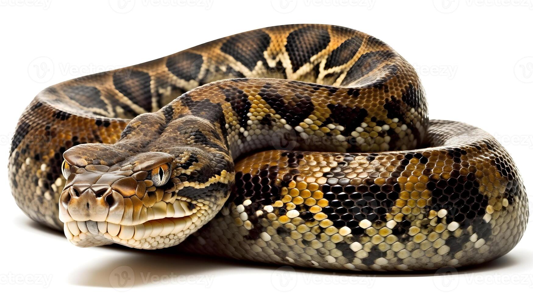 reticular pitón serpiente mirando a el cámara aislado en blanco. ai generado. foto