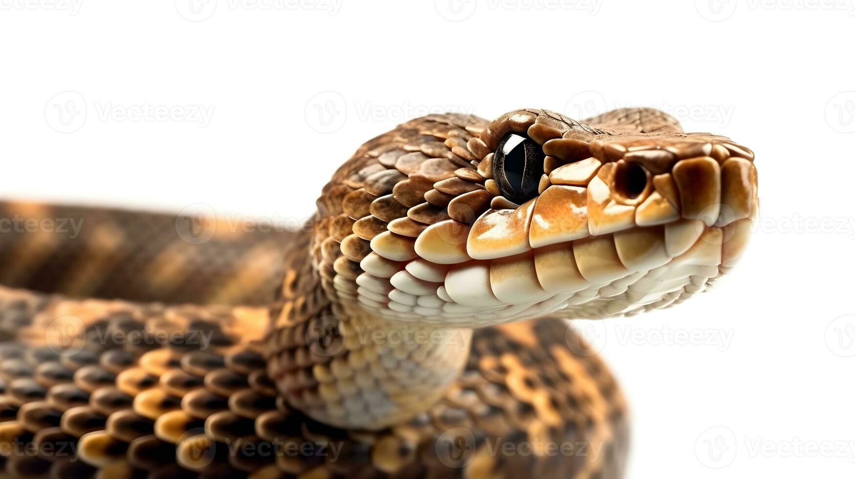 Photo of Cascabel Rattlesnake or Crotalus durissus terrificus head close up isolated on white background. AI Generated.