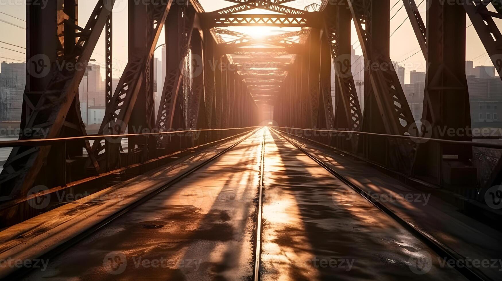 An empty steel bridge road with sunset ahead the city. AI Generated. photo