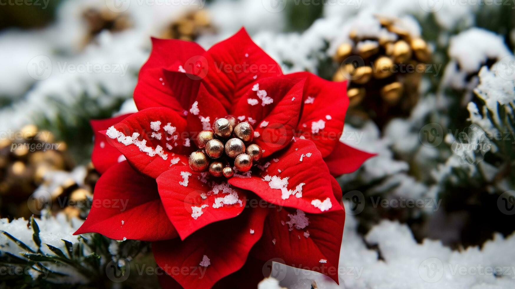 Red Poinsettia flower blooming in winter snow a beautiful Christmas flower. AI Generated. photo