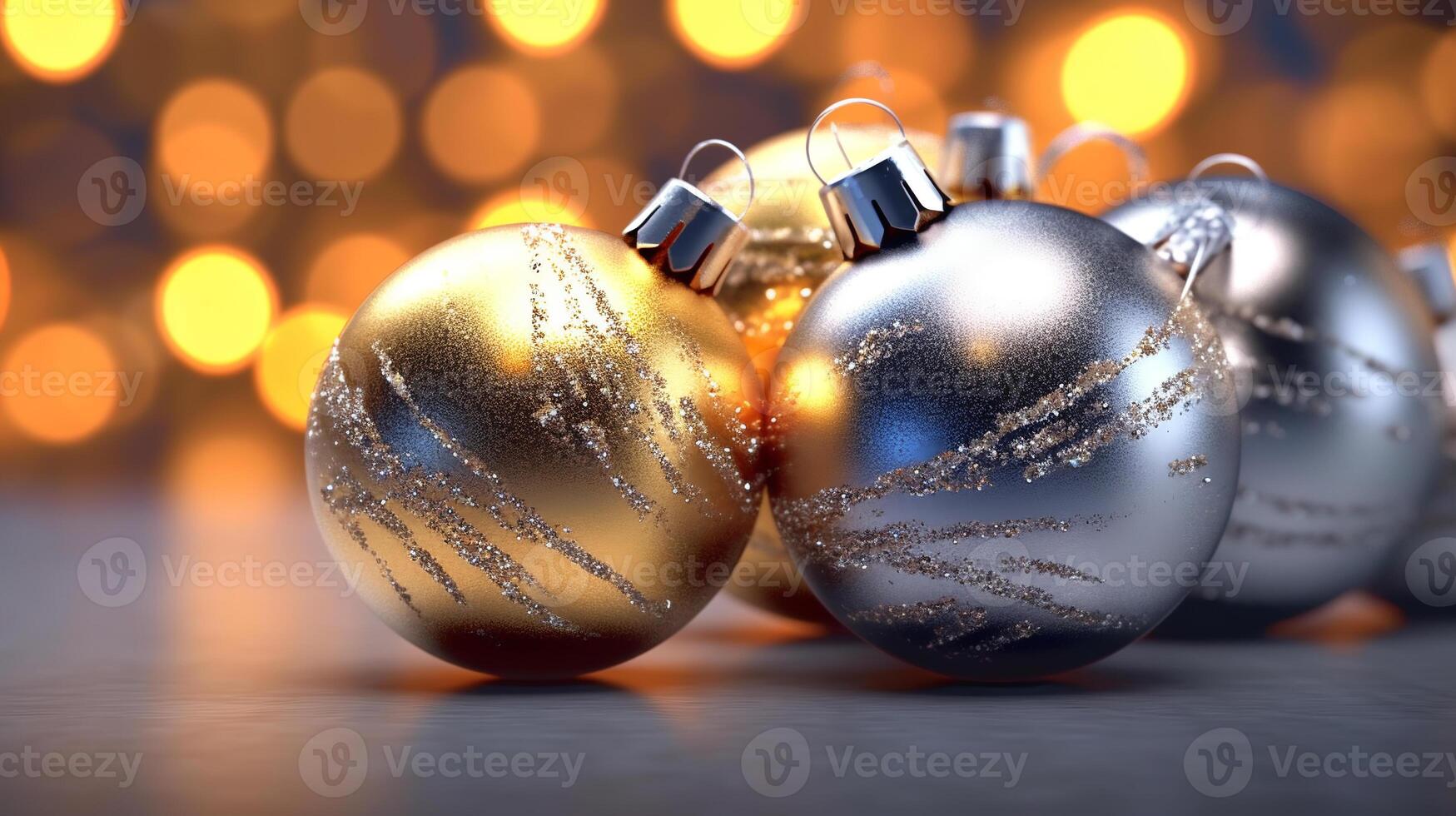 Winter seasonal Merry Christmas and happy new year background wallpaper, template, banner, poster, holiday design, beautiful christmas ball sphere Christmas tree ornament. AI Generated. photo