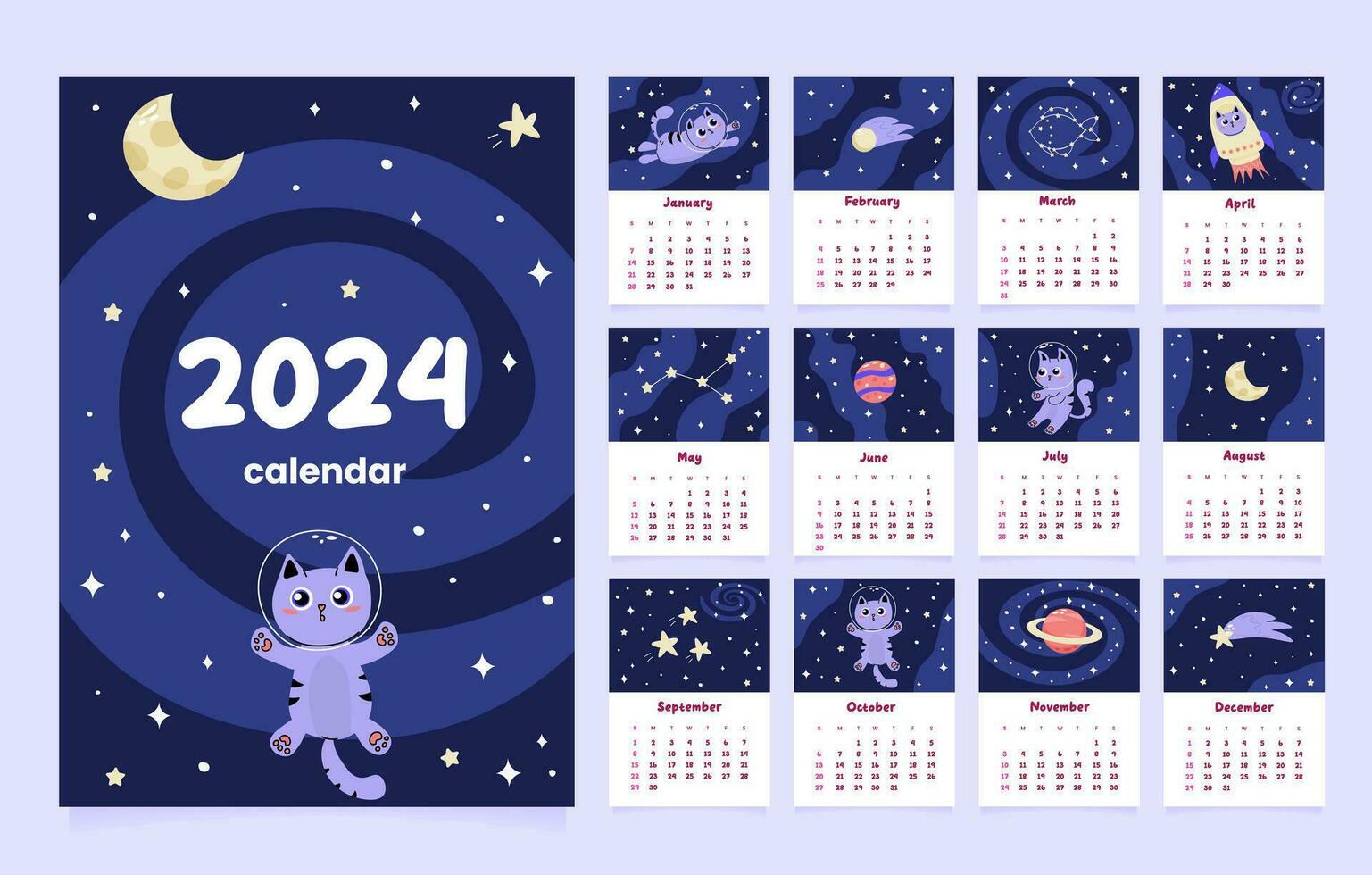 Calendar 2024 template with cute cat astronaut vector