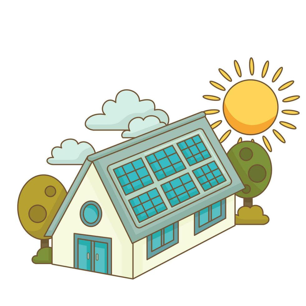 Vamos verde tecnología solar panel casa eco simpático dibujos animados ilustración vector clipart pegatina