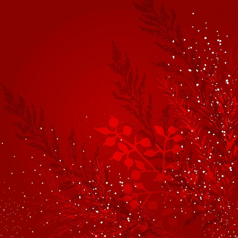 Winter Christmas background. Winter berries, plants, snow on a red background. A layout for the design of Christmas and New Year's greeting, a festive cover. vector