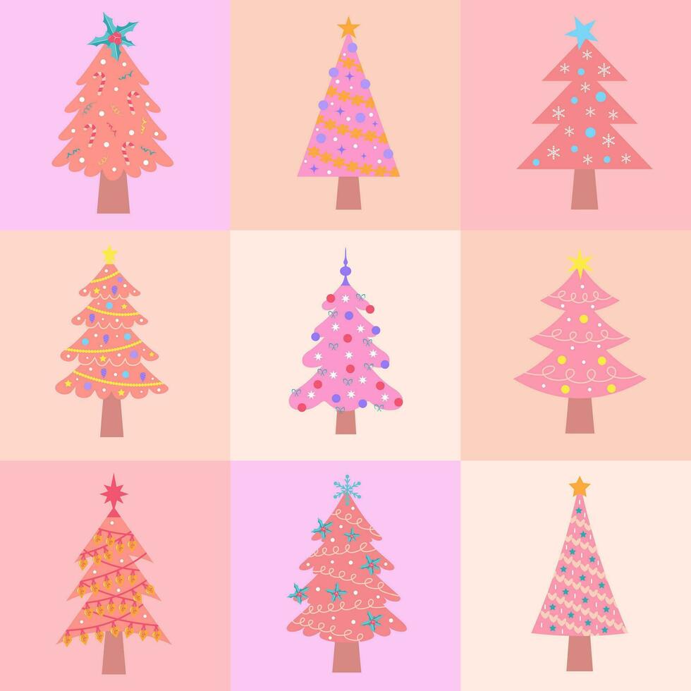 Seamless square pattern with pink Christmas trees of different shapes. Geometric checkered print for wrapping paper, background, wallpaper, posters. vector