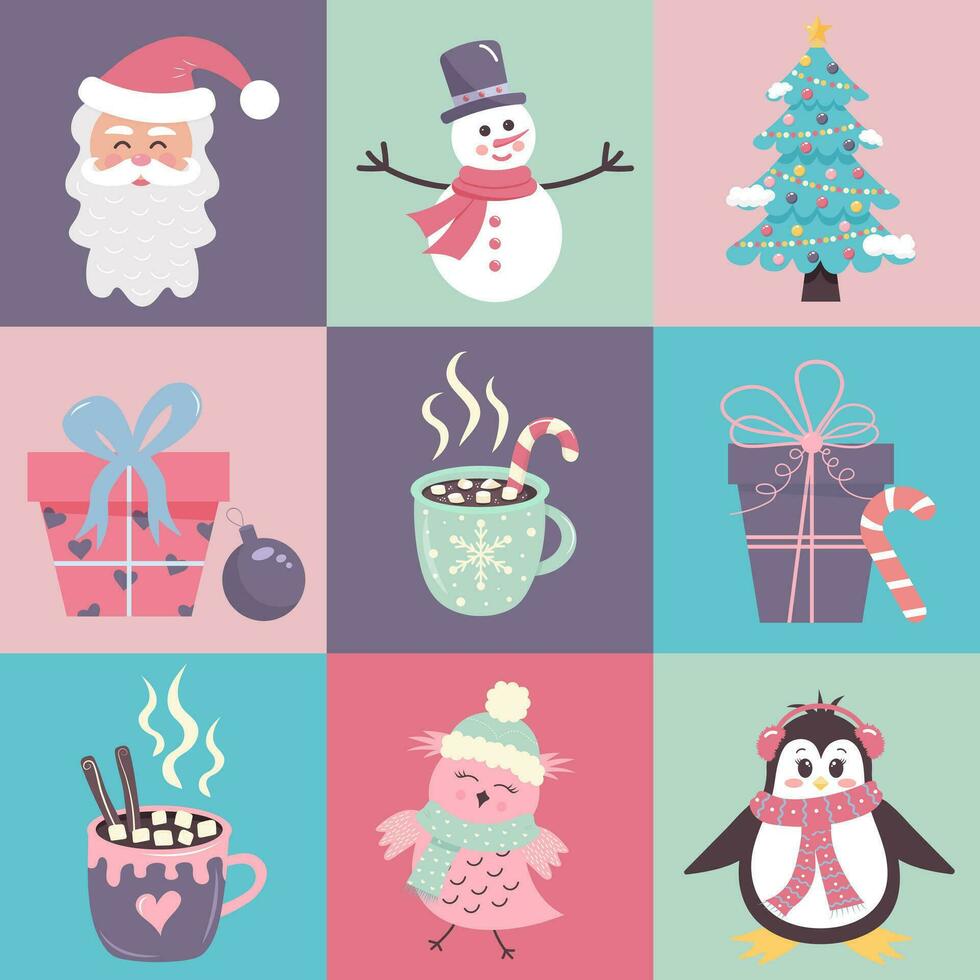 Christmas icons, characters, elements with geometric seamless square pattern for wrapping paper, background, wallpaper. Geometric pastel checkered print. vector
