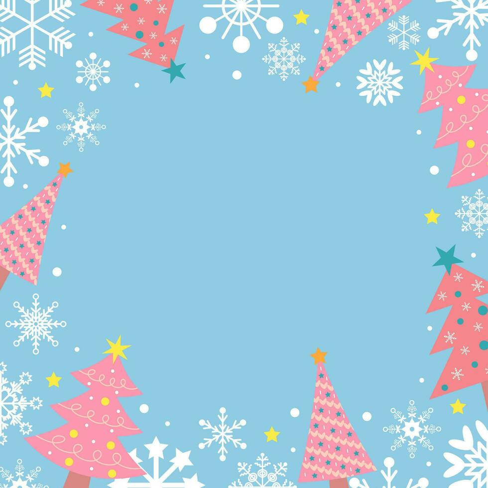 Pastel blue background with white snowflakes, pink Christmas trees and stars. Festive Xmas design. Empty space for your text. Template for cards, banner, poster. vector