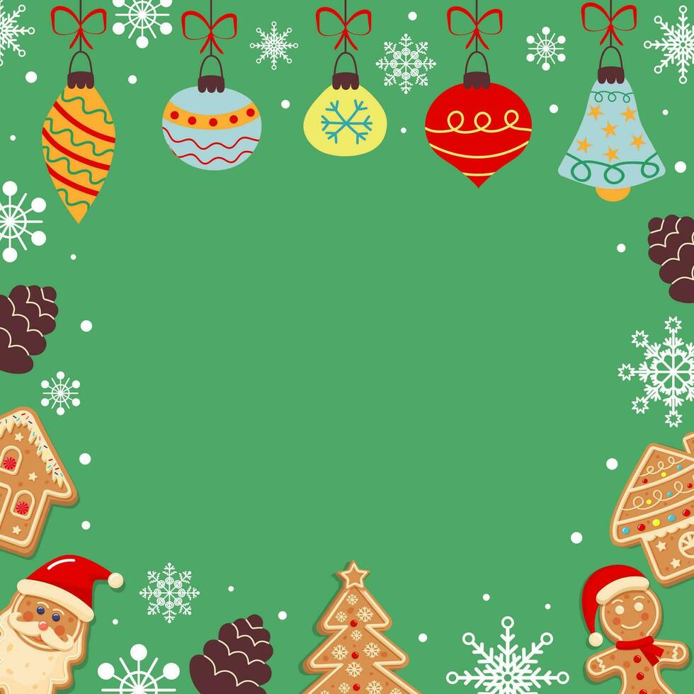 Green background with snowflakes, gingerbreads, baubles and cone. Festive Xmas design. Empty space for your text. Template for cards, banner, poster. vector