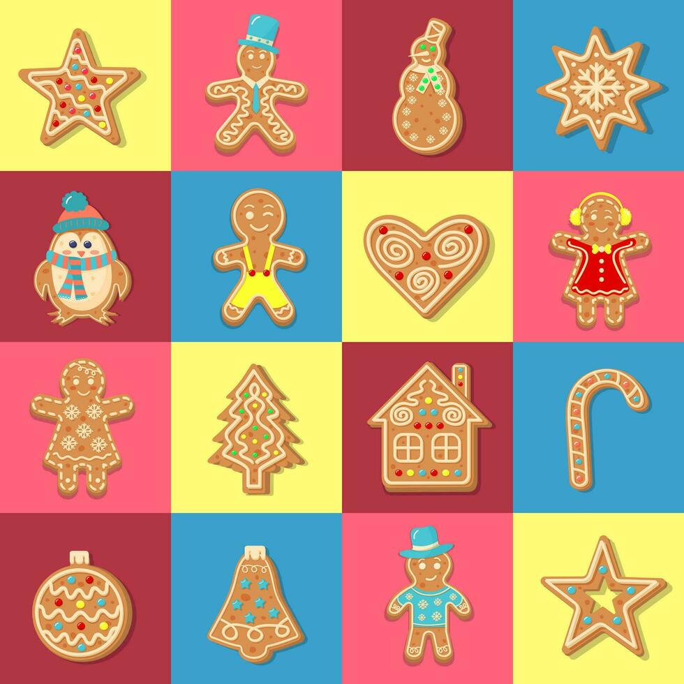 Seamless square pattern with Christmas gingerbread cookies. Geometric checkered print for wrapping paper, background, wallpaper, posters. vector