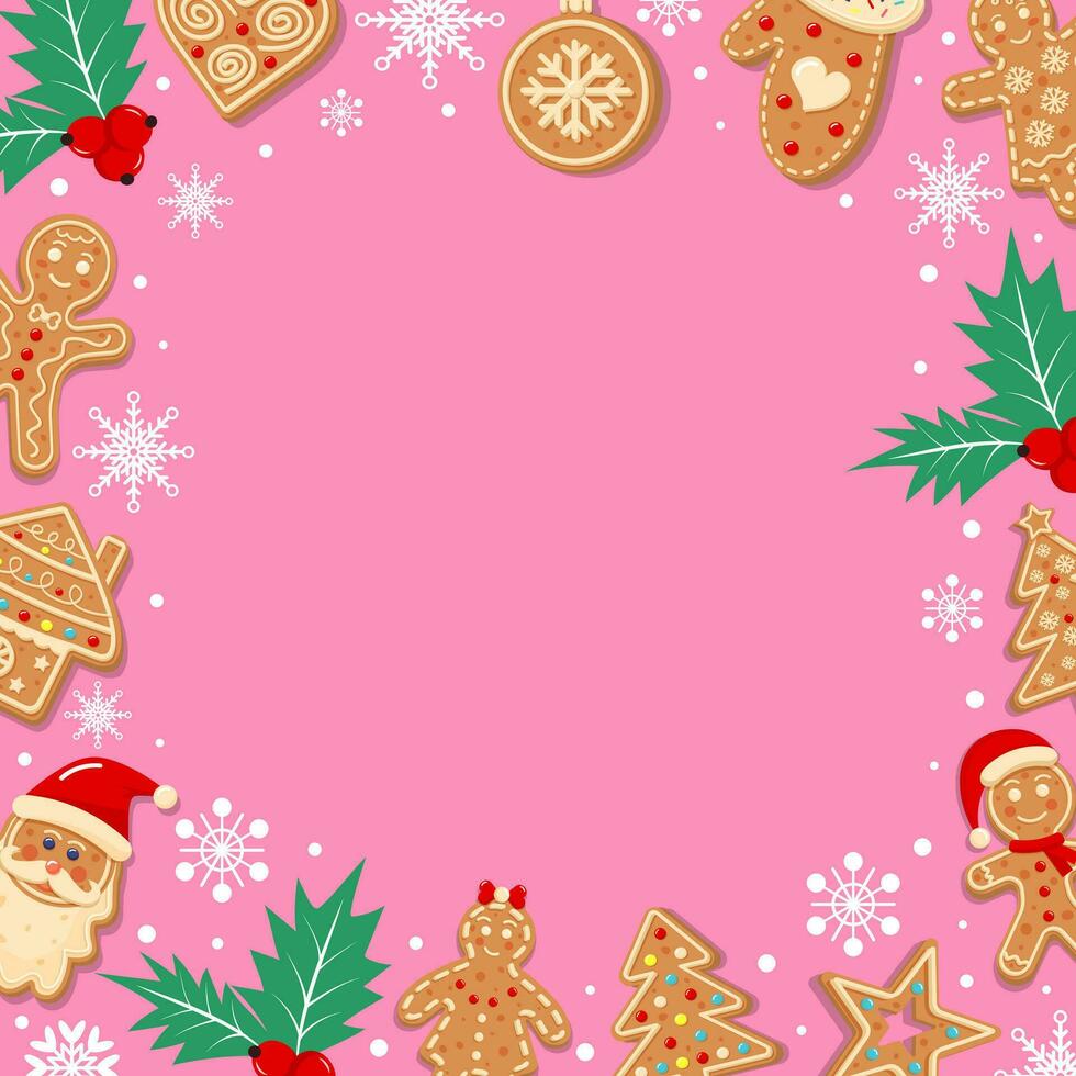 pastel rosado antecedentes con copos de nieve, pan de jengibre y acebo. festivo Navidad diseño. vacío espacio para tu texto. modelo para tarjetas, bandera, póster. vector