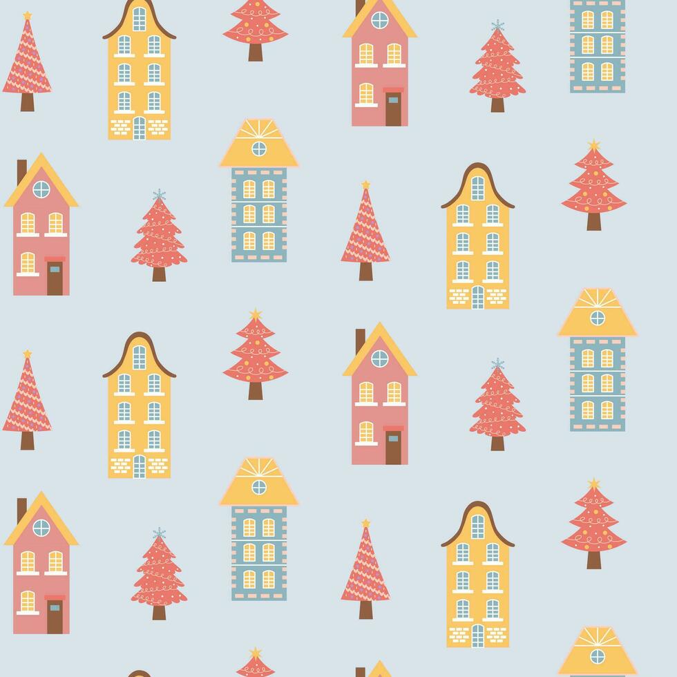 Scandinavian houses and pink Christmas trees seamless pattern. Perfect for cards, invitations, wallpaper, banners, kindergarten, baby shower, children room decoration. vector