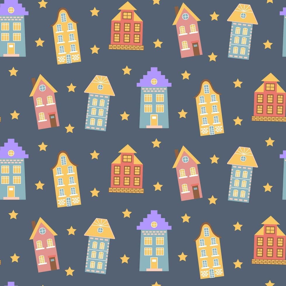 Scandinavian houses and stars seamless pattern. Perfect for cards, invitations, wallpaper, banners, kindergarten, baby shower, children room decoration. vector