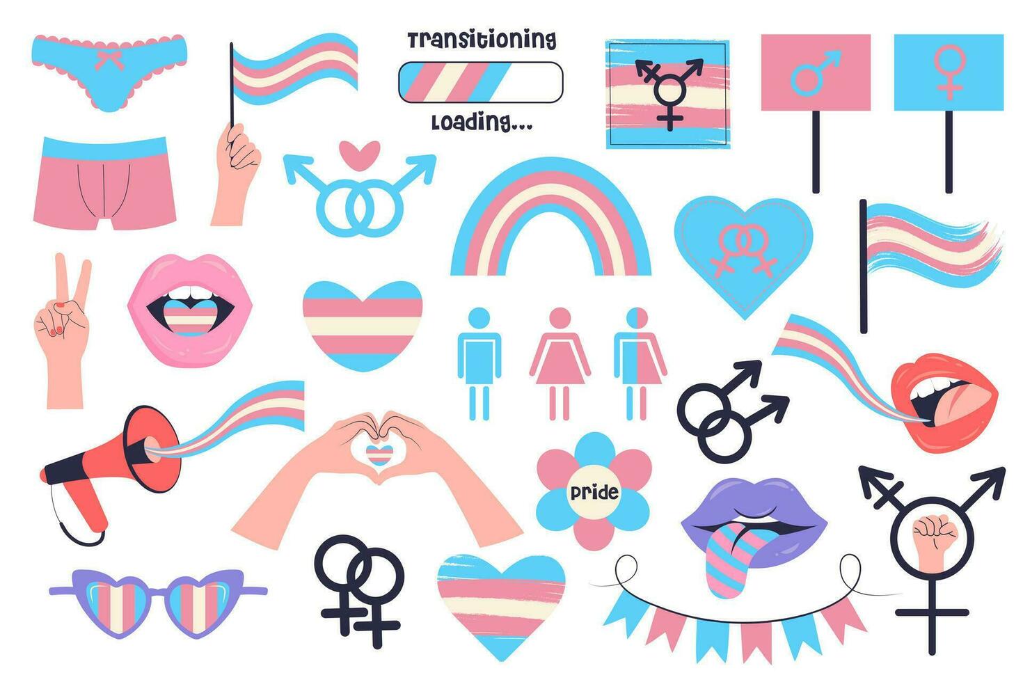 Transgender visibility set of symbols. LGBTQ sticker pack. Rainbow pink and blue icons. Pride month, bisexual, gender equality, human rights, transgender transsexual concept. vector