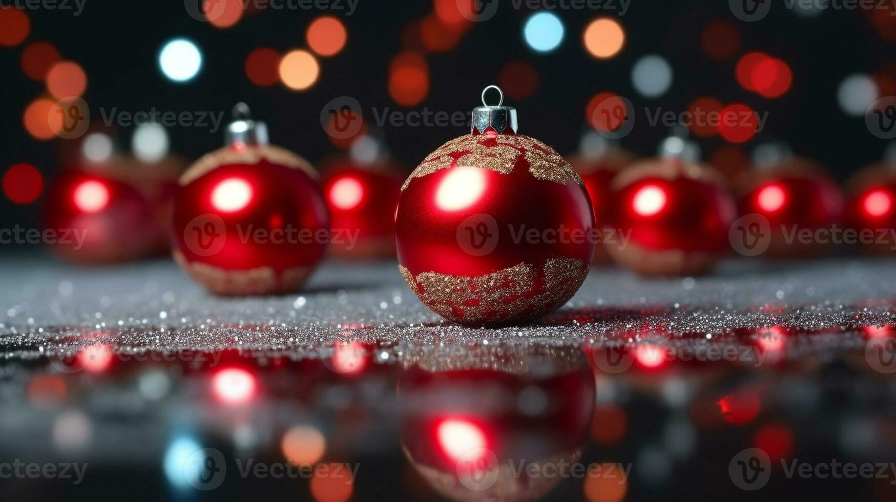 Winter seasonal Merry Christmas and happy new year background wallpaper, template, banner, poster, holiday design, beautiful christmas ball sphere Christmas tree ornament. AI Generated. photo