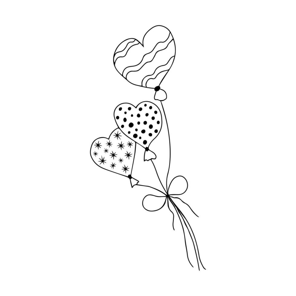 Hand drawn three balloons with a pattern of heart shapes, dots, star and snowflake shapes. Doodle Love symbols holiday clipart. Valentine's Day concept. Isolated on white background. vector
