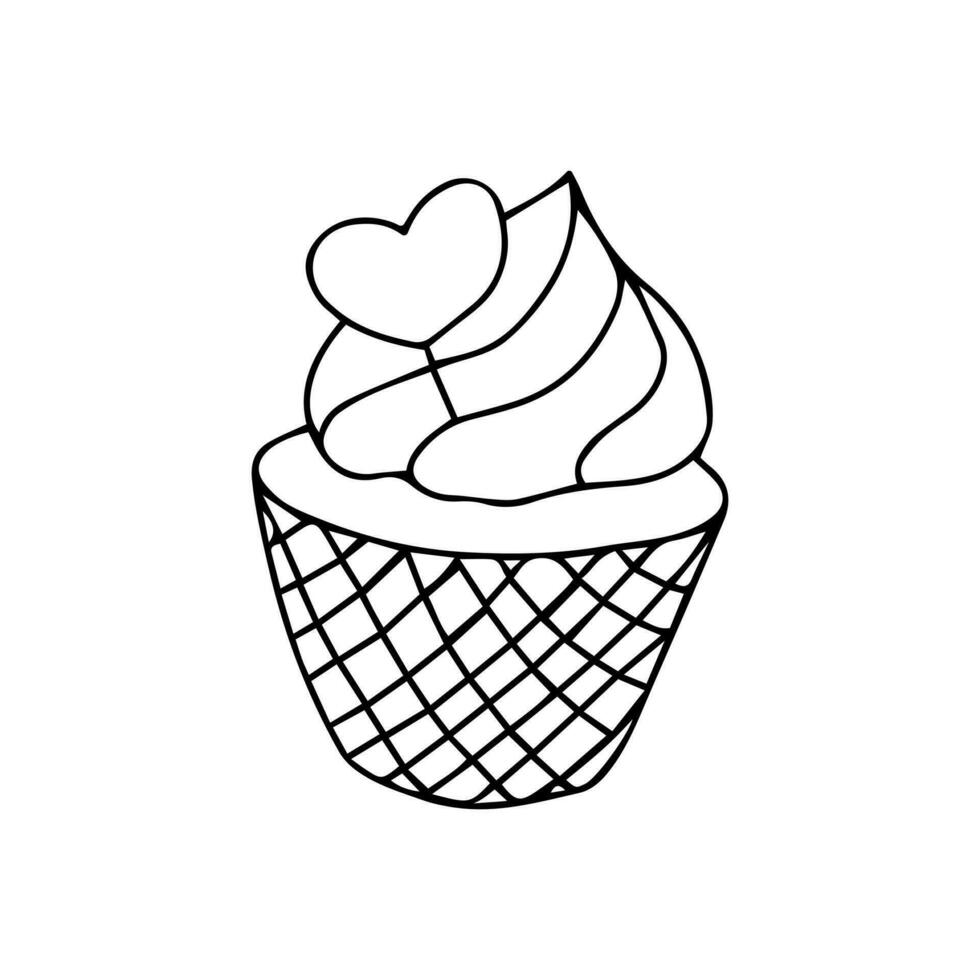 Hand drawn cute cupcake in waffle cup with cream and a heart shaped topper. Doodle Love symbols holiday clipart. Valentine's Day concept. Isolated on white background vector