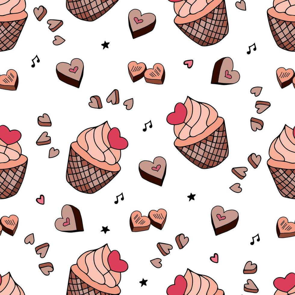 Hand drawn cute cupcake in waffle cup with cream and a heart shaped topper, chocolate candies, music notes, stars Seamless Pattern on white background vector