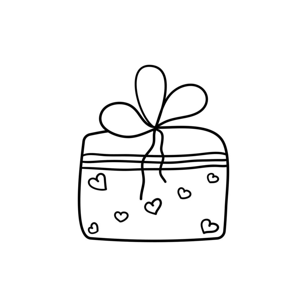 mano dibujado sencillo regalo caja con cinta y corazón forma modelo. garabatear amor símbolos fiesta clipart para tarjeta, logo, diseño. San Valentín día concepto. aislado en blanco antecedentes vector