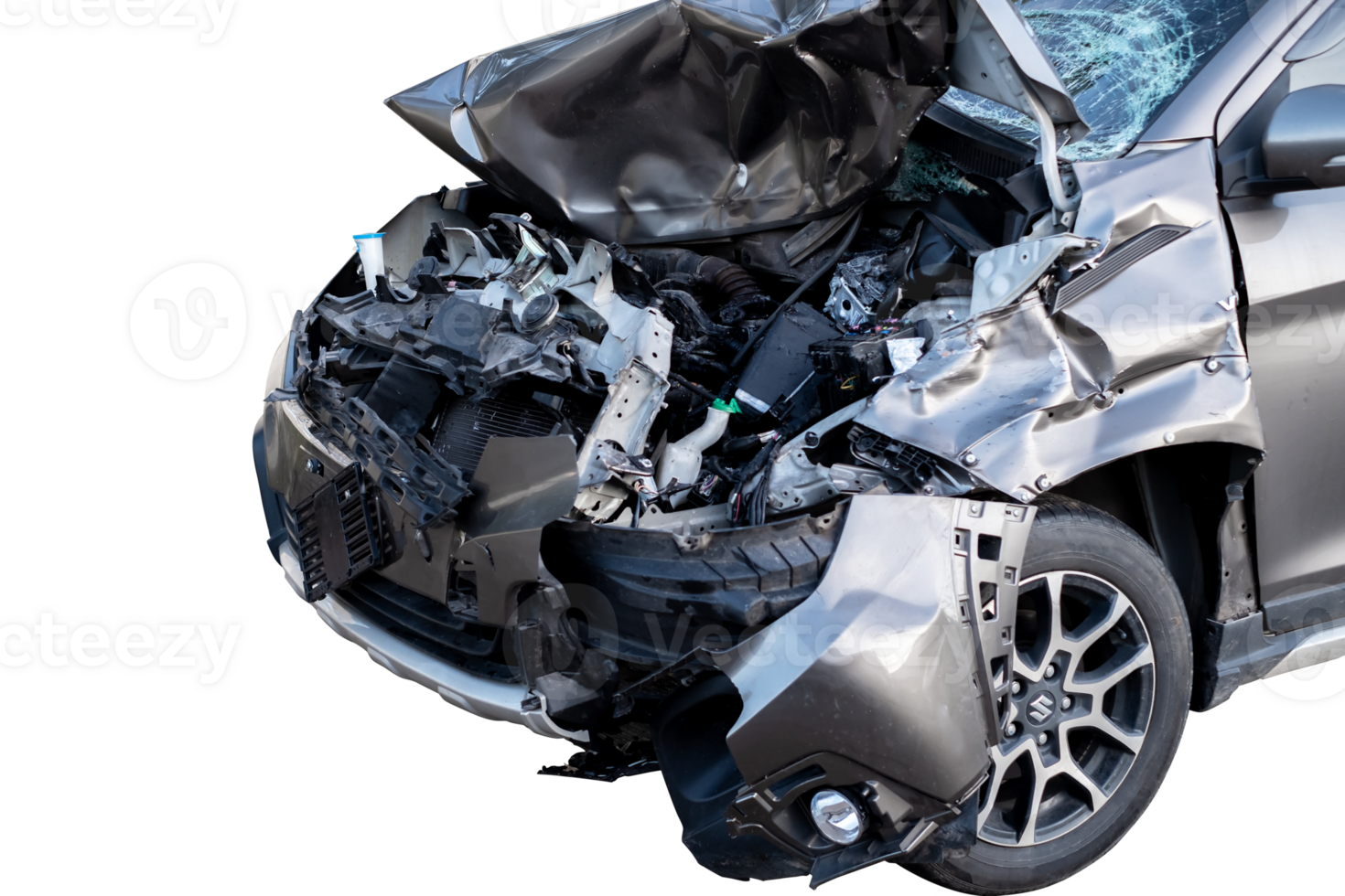 Front and side of new bronze car get damaged by accident on the road. damaged cars after collision. isolated on transparent background , car crash bumper graphic design element,PNG File png