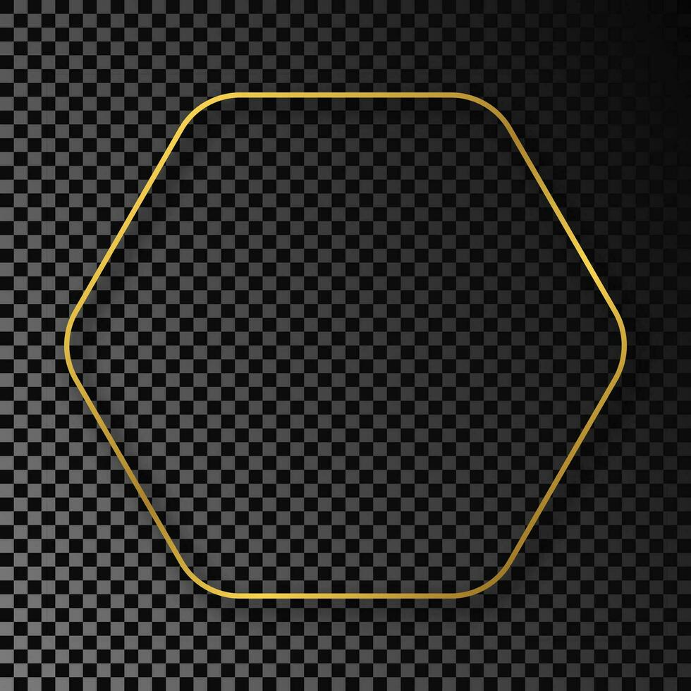 Gold glowing rounded hexagon frame with shadow isolated on dark background. Shiny frame with glowing effects. Vector illustration.