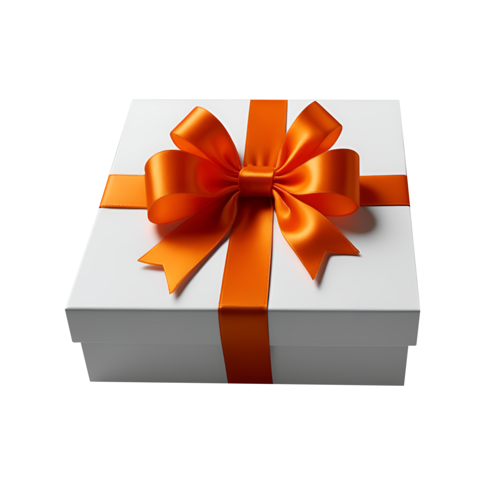 White gift box isolated with orange ribbon bow on transparent background, Generative Ai png