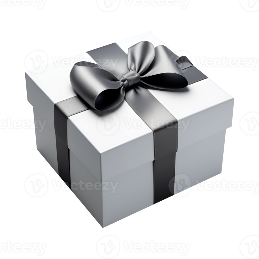 White gift box isolated with gray ribbon bow, Generative Ai png
