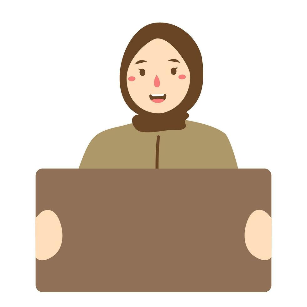 happy indonesian teacher holding book blank board vector