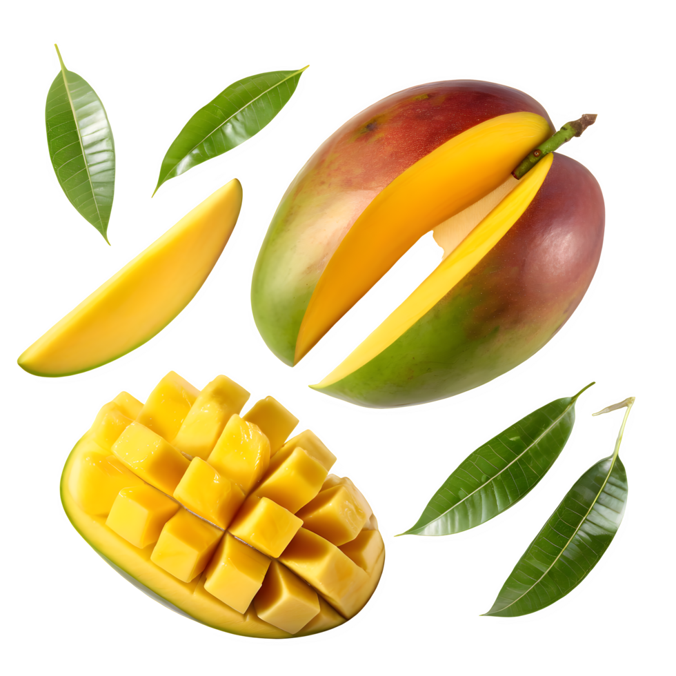 Set mango fruit and sliced with leaves png on isolated transparent background