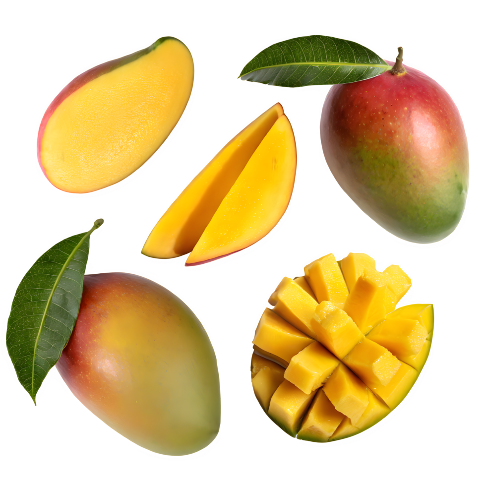 Set mango fruit and sliced with leaves png on isolated transparent background