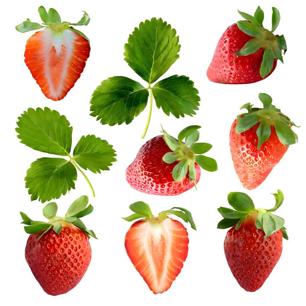 set frh leaves on isolated transparent backgrouesh strawberries fuit witnd png