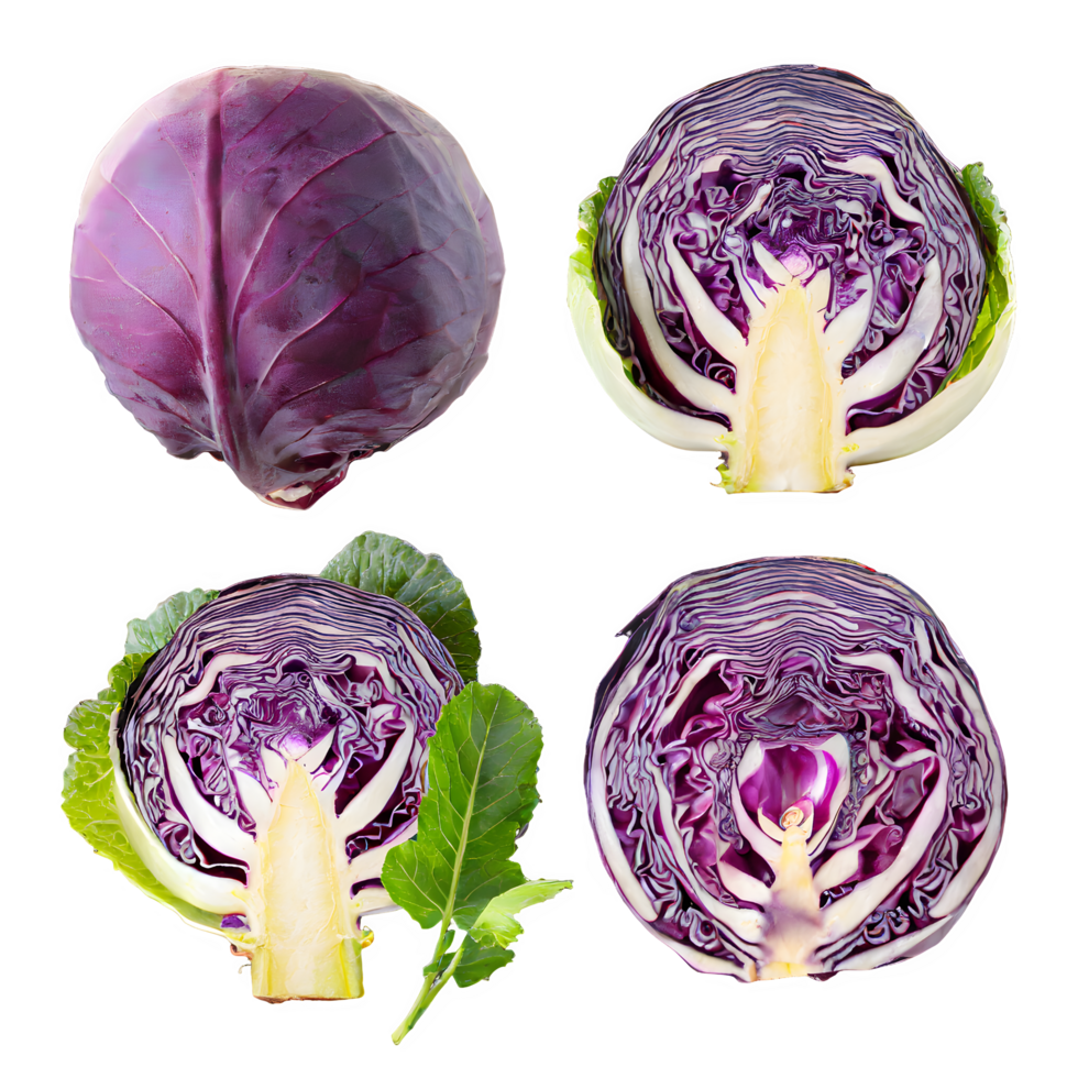 Set fresh purple cabbage and sliced png on isolated transparent