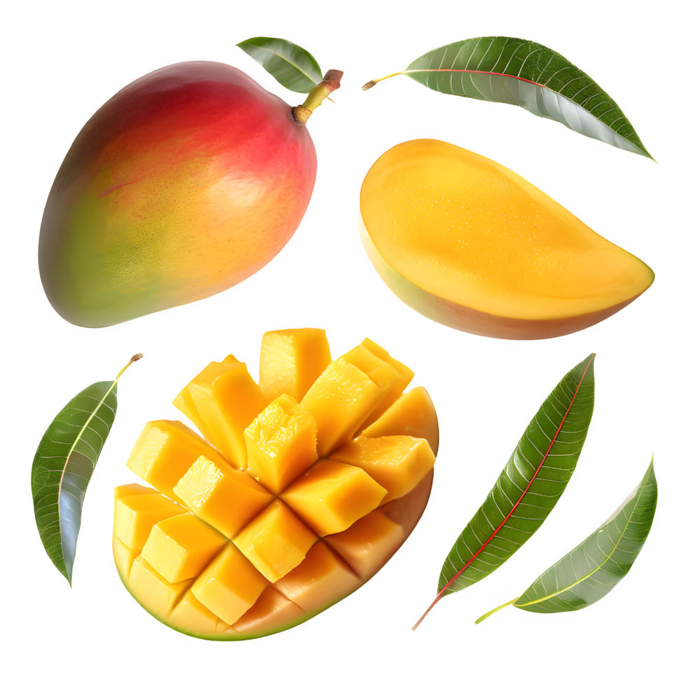 Set mango fruit and sliced with leaves png on isolated transparent background