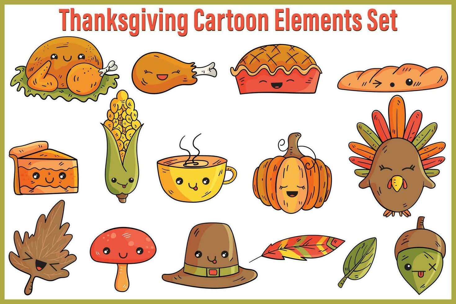 Thanksgiving cartoon elements set, mushroom, bread, leaf, acorn, turkey, drum, stick, pie, corn, pumpkin, feather, hat vector