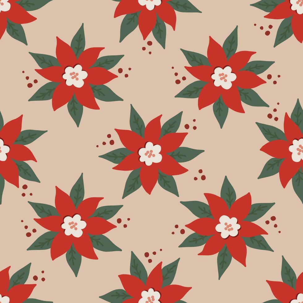 Seamless pattern with bold red poinsettia. Christmas and New Year concept. Hand drawn vector texture for wallpaper, prints, wrapping, textile