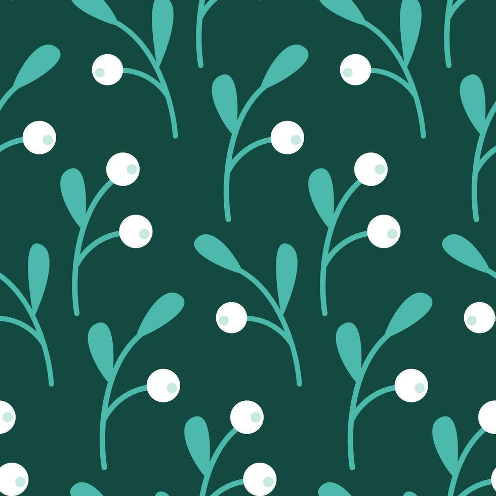 Christmas winter white berries seamless pattern for fabric, paper, decoration. Dark green background vector