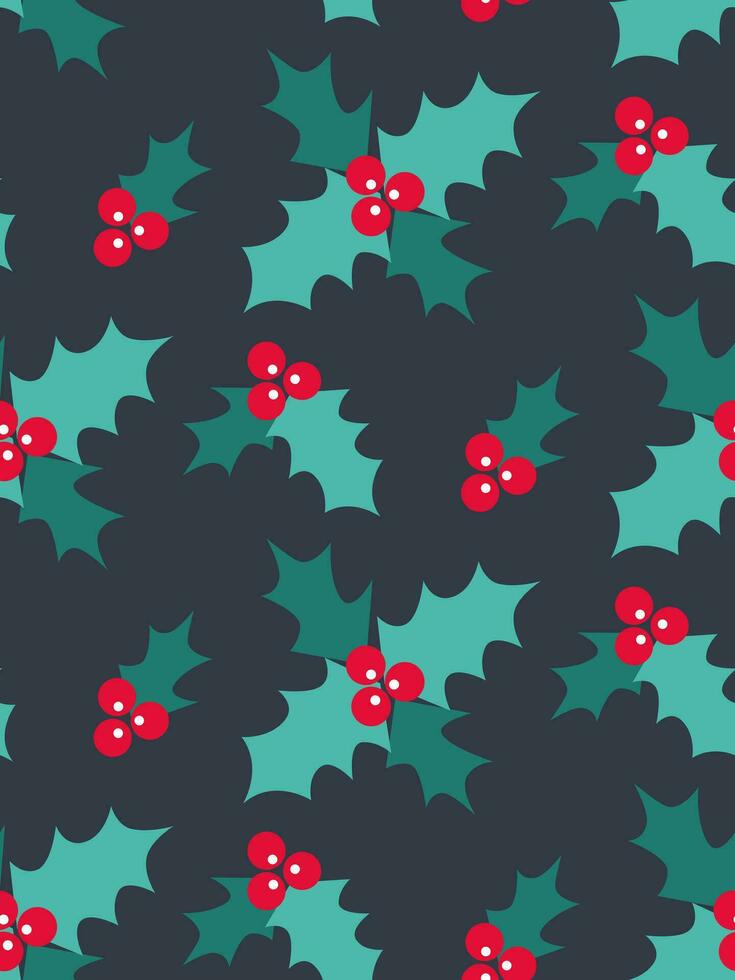 Red berries holly leaves on a dark blue background in flat style. Christmas winter seamless pattern for paper, fabric, decoration vector