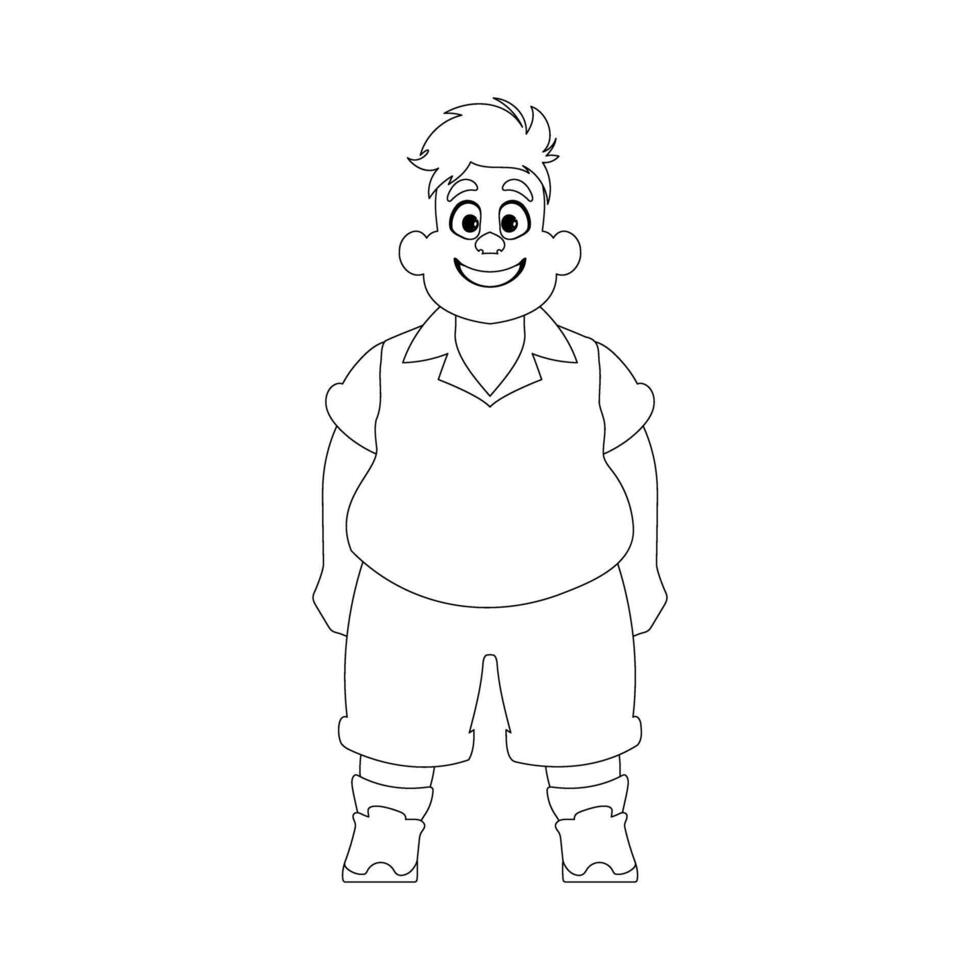 Black and white line art, Fat man posing and smiling. Overweight guy is cute, body positivity theme. Coloring style vector