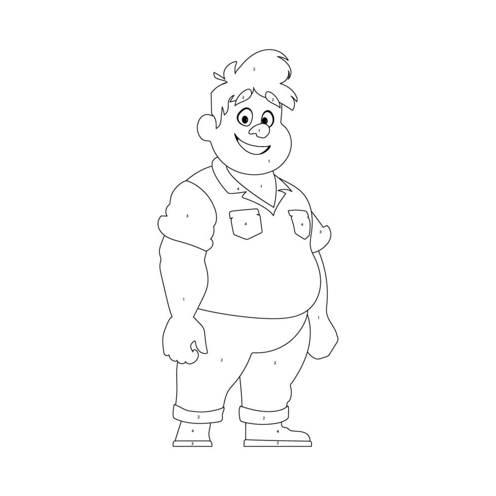 Black and white line art, Fat man posing and smiling. Overweight guy is cute, body positivity theme. Coloring style vector