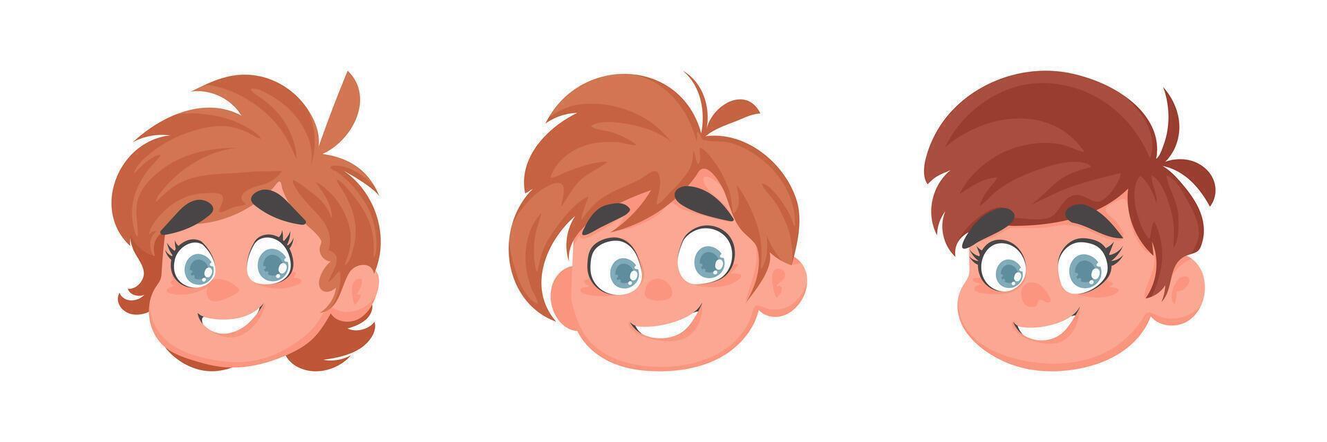 Set of faces of cute and cheerful girls. Cartoon style vector