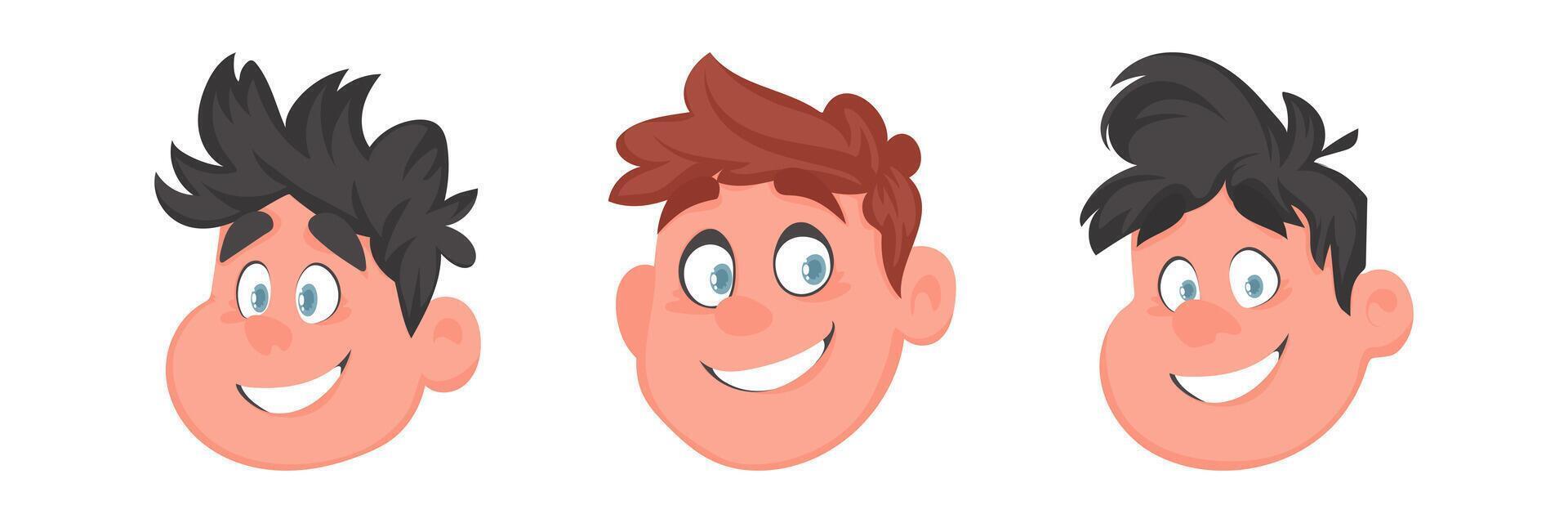 Set of faces of fat, cute and cheerful guys and men. Cartoon style vector