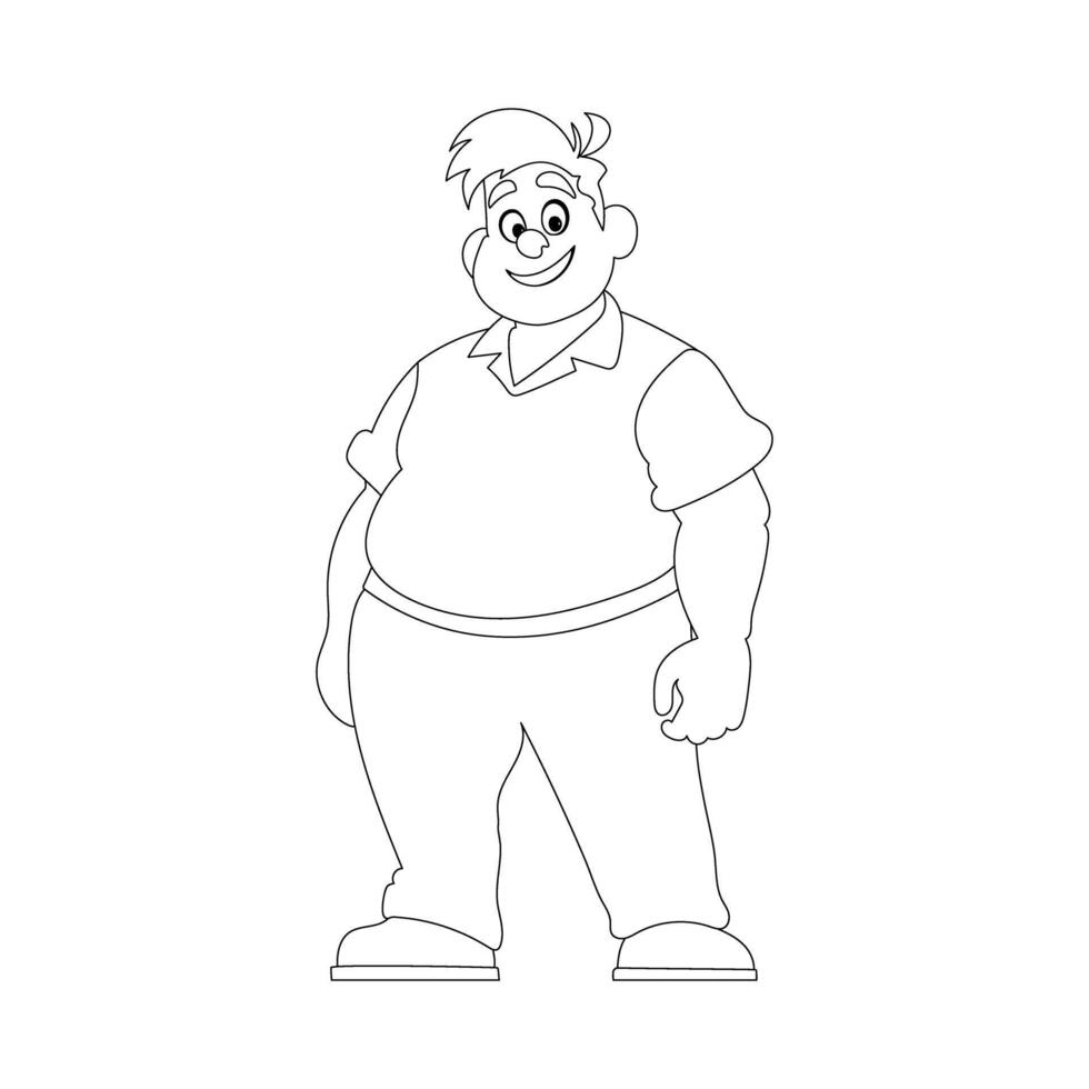 Black and white line art, Fat man posing and smiling. Overweight guy is cute, body positivity theme. Coloring style vector