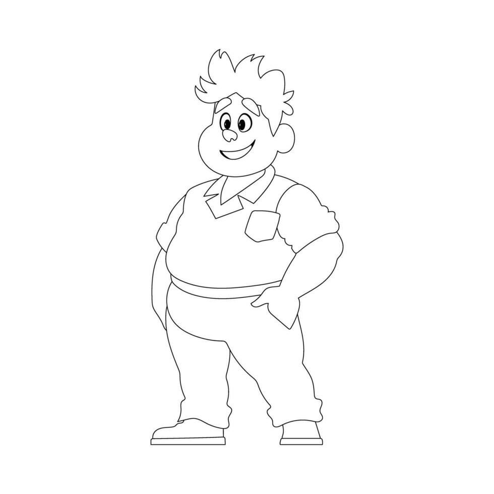 Black and white line art, Fat man posing and smiling. Overweight guy is cute, body positivity theme. Coloring style vector